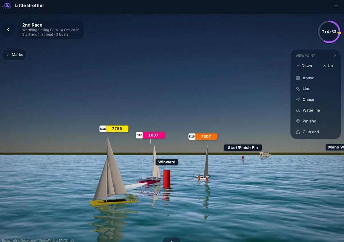 3D sailing race replay of three catamarans on the first beat, with the drone viewpoint menu open