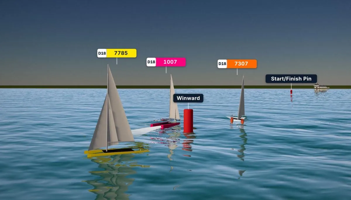 Club TV screen in a sailing clubhouse showing a 3D race replay of three catamarans approaching the windward mark