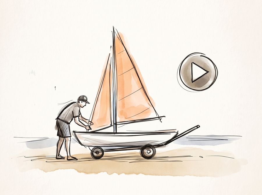 Watercolor sketch of a sailor rigging a dinghy on the beach, with a Start button to begin race tracking